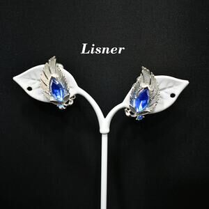 Lisner Blue Rhinestone Clip Earrings, Rhodium Plated, 1960s Vintage Jewelry